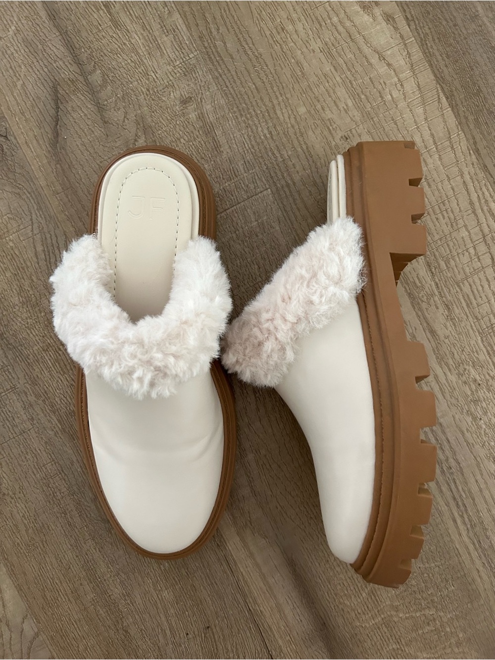 JustFab Cream Fleece-Trim Slip-On Mules with Tan Lug Sole
